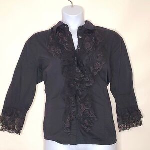 Lace Ruffle Front Blouse Size 2X Black Button-up Shirt Lace Trim Cuff Steampunk